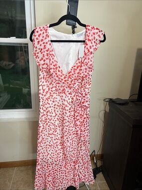 Lush White Midi Wrap Dress with Red Floral Print